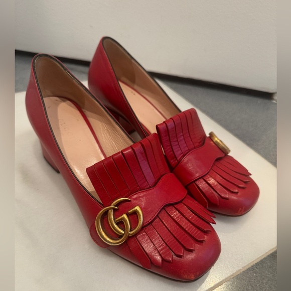 Gucci Marmot Mid-Heel Fringe Loafers in Red - Picture 3 of 14